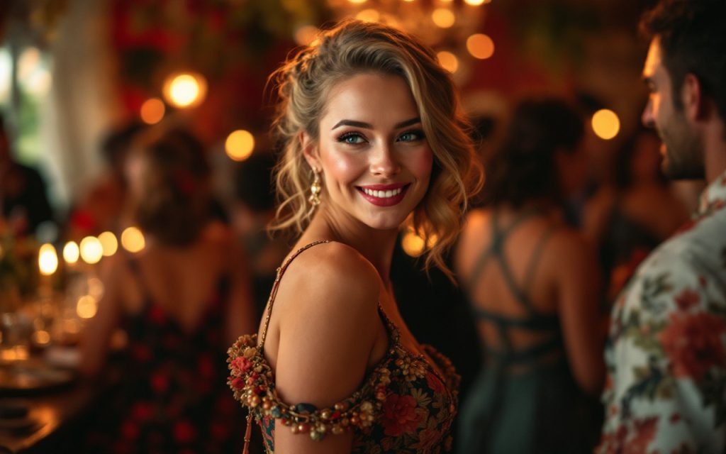 une-femme-elegante-portant-une-robe-vintage-se-tient-a-une-fete-entouree-dinvites-dans-une-ambiance-chaleureuse-et-joyeuse