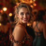 une-femme-elegante-portant-une-robe-vintage-se-tient-a-une-fete-entouree-dinvites-dans-une-ambiance-chaleureuse-et-joyeuse