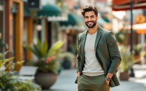 un-homme-en-tenue-chic-decontractee-affichant-une-expression-confiante-dans-un-cadre-urbain-il-porte-un-blazer-elegant-et-un-pantalon-adapte-avec-un-sourire-detendu-sous-un-eclairage-doux-et