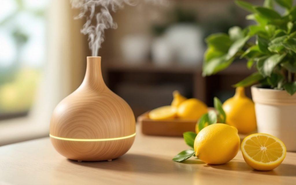 image-dun-diffuseur-de-parfum-parfume-au-citron-frais-et-a-la-lavande-place-dans-un-environnement-chaleureux-et-naturel-emettant-une-legere-brume