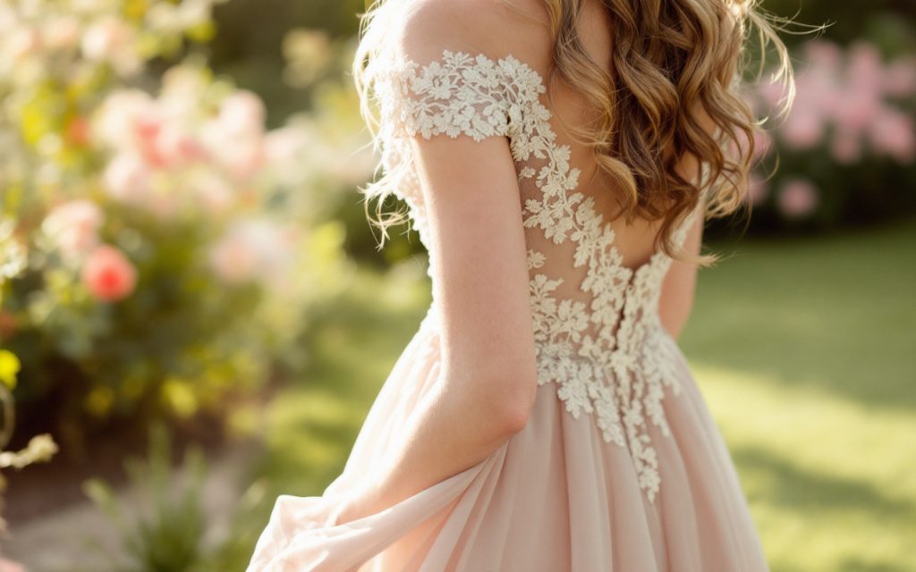 une-robe-de-demoiselle-dhonneur-elegante-avec-des-details-en-dentelle-dans-un-cadre-de-mariage-en-plein-air-baigne-par-la-lumiere-chaleureuse-du-coucher-de-soleil