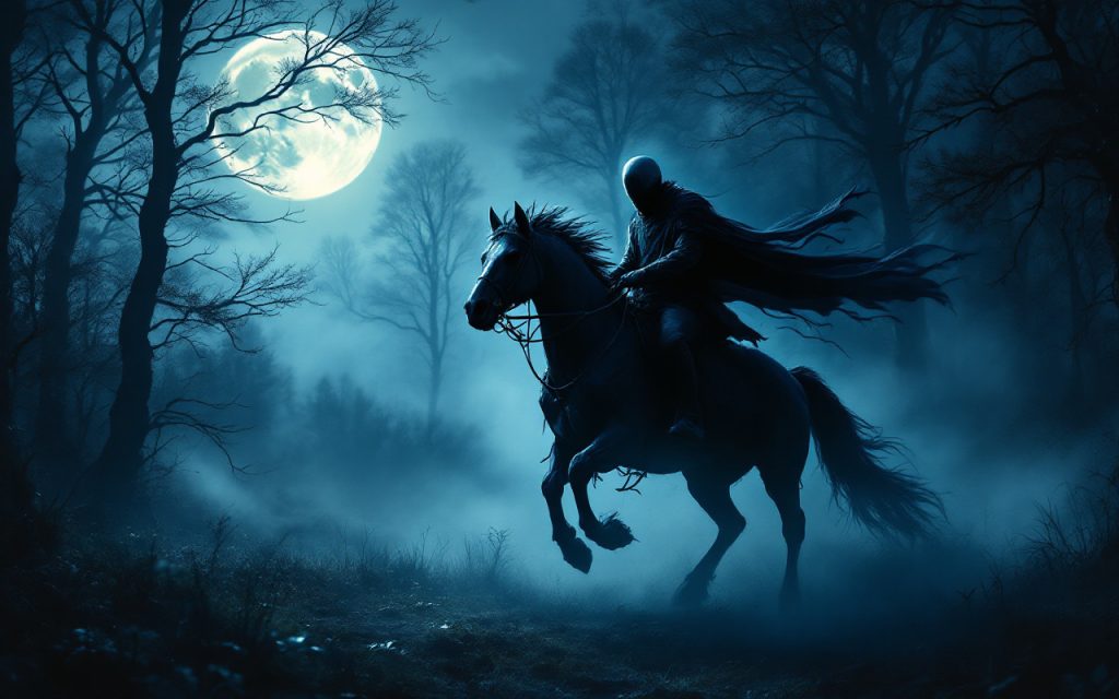 un-cavalier-mysterieux-sans-tete-chevauche-dans-une-foret-sombre-eclaire-par-la-lumiere-de-la-lune-creant-une-atmosphere-inquietante-avec-de-la-brume-tourbillonnante