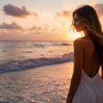 Osez le dos nu : l'élégance révélée une-femme-portant-une-robe-dos-nu-se-tient-sur-une-plage-au-coucher-du-soleil-la-lumiere-doree-illumine-sa-silhouette-tandis-que-le-ciel-est-rempli-de-teintes-oranges-et-roses