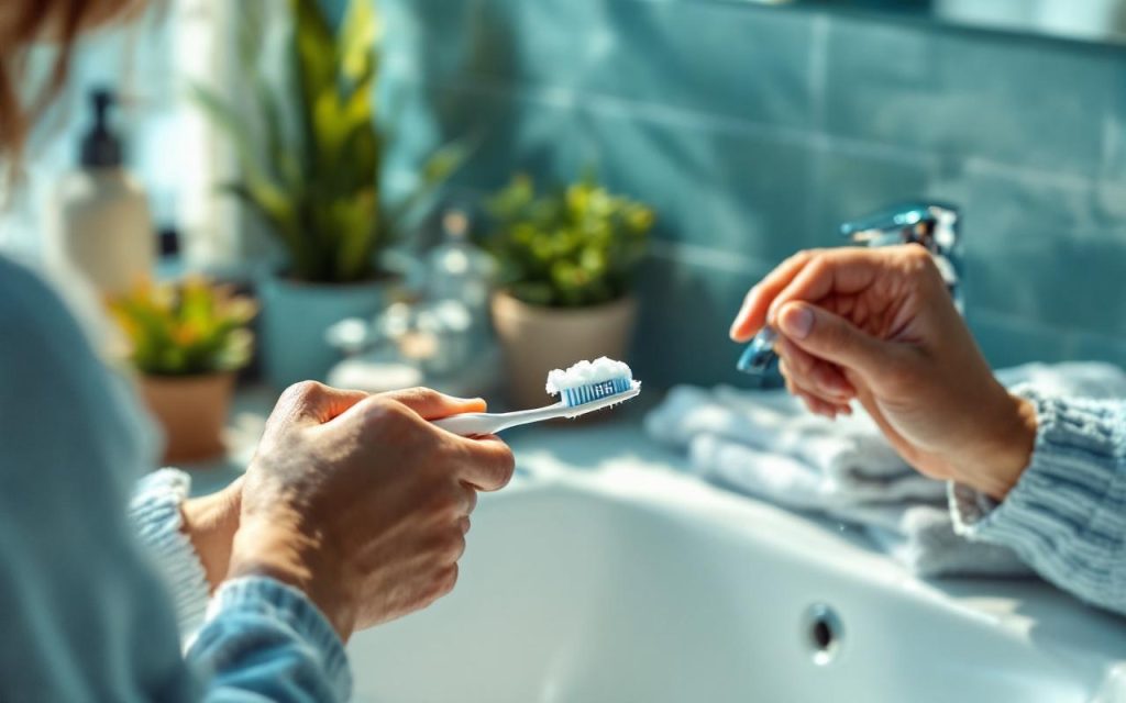personne-se-brossant-les-dents-avec-une-brosse-a-poils-souples-pres-dun-lavabo-de-salle-de-bain-moderne-un-petit-minuteur-pose-sur-le-rebord-mousse-sur-la-brosse-gouttes-deau-sur-le-robinet-l
