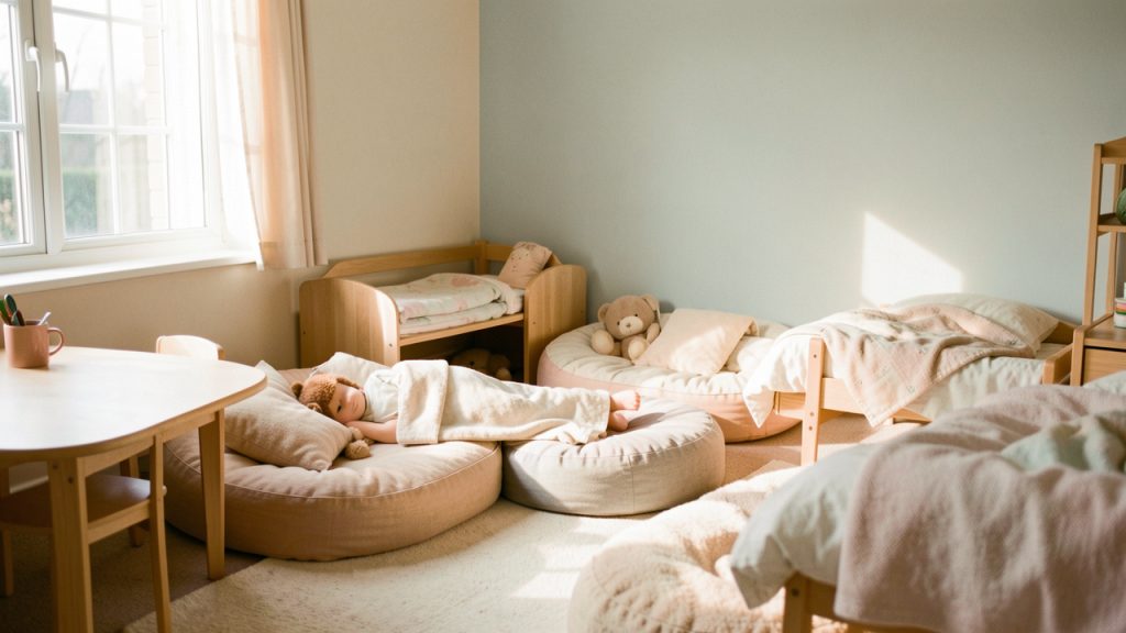 Espace de sieste en crèche lumineux et apaisant, avec mobilier en bois clair, lits et coussins disposés pour se reposer dans une ambiance calme.
