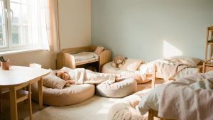 Espace de sieste en crèche lumineux et apaisant, avec mobilier en bois clair, lits et coussins disposés pour se reposer dans une ambiance calme.