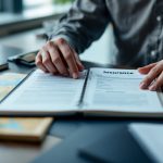 Un salarié en mobilité internationale prépare des documents d’assurance et un passeport sur un bureau professionnel, avec une lumière naturelle et une ambiance de travail organisée.