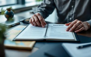 Un salarié en mobilité internationale prépare des documents d’assurance et un passeport sur un bureau professionnel, avec une lumière naturelle et une ambiance de travail organisée.
