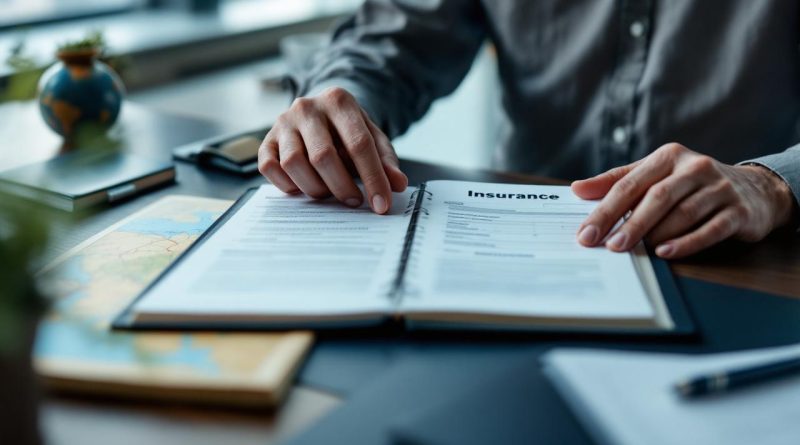 Un salarié en mobilité internationale prépare des documents d’assurance et un passeport sur un bureau professionnel, avec une lumière naturelle et une ambiance de travail organisée.