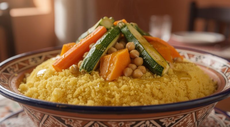 découvrez notre recette traditionnelle marocaine de couscous aux légumes et pois chiches, un plat savoureux et authentique à préparer facilement chez vous.