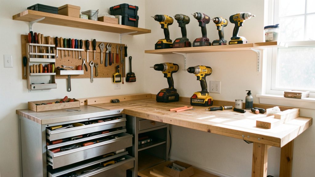 Atelier de bricolage domestique bien organisé, avec établi, rangements muraux et outils disposés soigneusement, éclairage lumineux réaliste.
