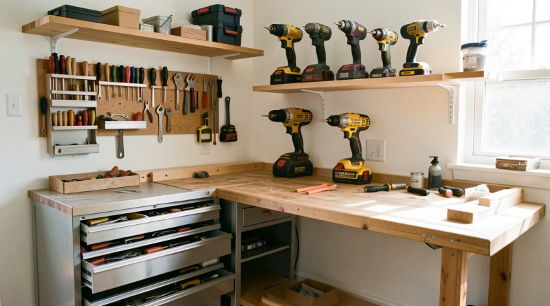 Atelier de bricolage domestique bien organisé, avec établi, rangements muraux et outils disposés soigneusement, éclairage lumineux réaliste.