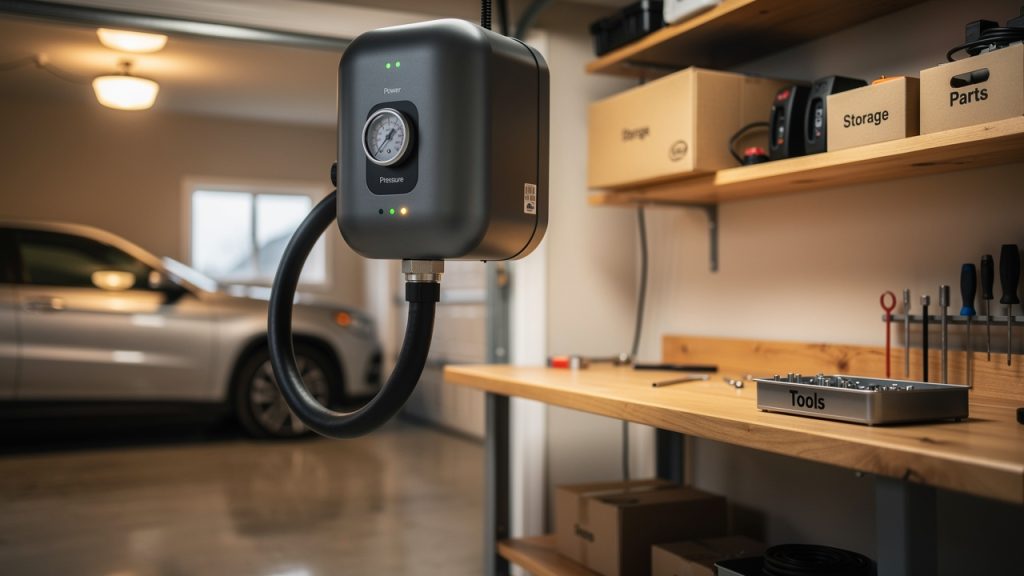 Compresseur d’air compact et silencieux installé sur une étagère murale dans un garage résidentiel, avec tuyau flexible vers un établi et une voiture en arrière-plan.