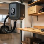 Quel compresseur garage silencieux choisir pour travailler chez soi ? Compresseur d’air compact et silencieux installé sur une étagère murale dans un garage résidentiel, avec tuyau flexible vers un établi et une voiture en arrière-plan.