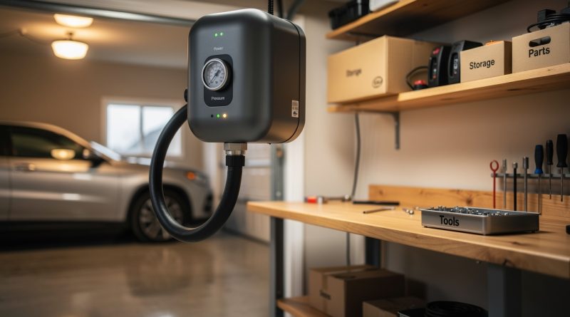 Compresseur d’air compact et silencieux installé sur une étagère murale dans un garage résidentiel, avec tuyau flexible vers un établi et une voiture en arrière-plan.