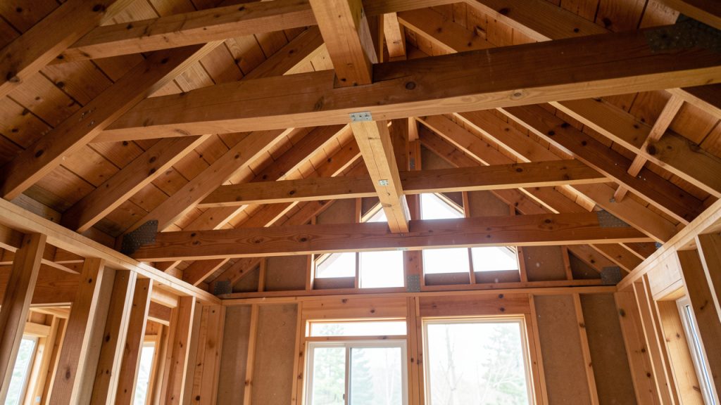 Inspection visuelle de la charpente en bois dans une maison, ambiance préventive, lumière naturelle, sans présence humaine.