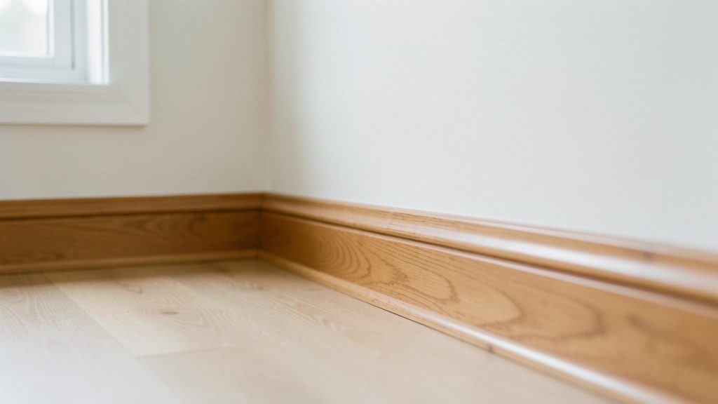 Intérieur d’une maison propre et réaliste, inspection des plinthes et boiseries en bois, lumière naturelle douce et textures nettes.