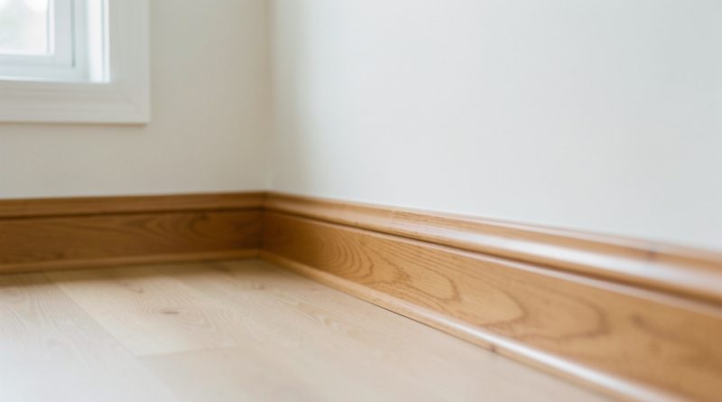 Intérieur d’une maison propre et réaliste, inspection des plinthes et boiseries en bois, lumière naturelle douce et textures nettes.