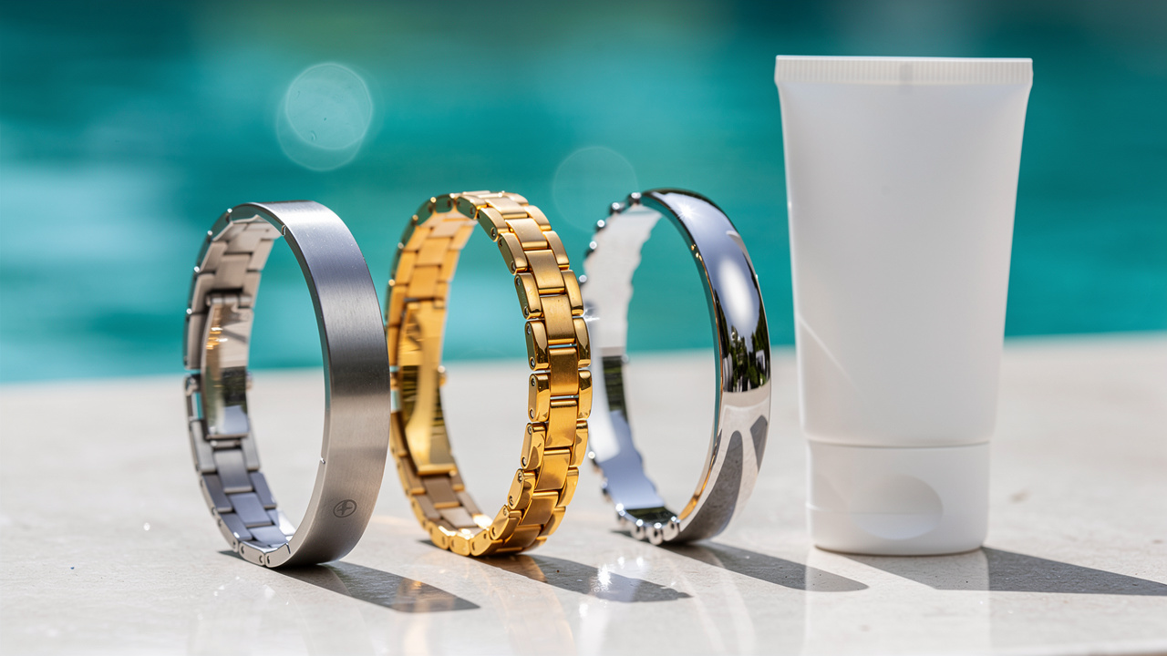 Trois bracelets en acier inoxydable, plaqué or et argent 925 disposés près d’un flacon de crème solaire sur une table au bord d’une piscine.