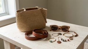 Sélection élégante d’accessoires de mode durables disposés sur une table claire, éclairés par une lumière naturelle douce.