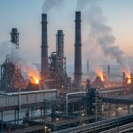 Vue réaliste d’une grande usine sidérurgique européenne au crépuscule, avec cheminées, réseaux électriques, structures industrielles et une faible fumée dans une atmosphère documentaire.