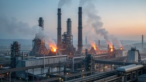 Vue réaliste d’une grande usine sidérurgique européenne au crépuscule, avec cheminées, réseaux électriques, structures industrielles et une faible fumée dans une atmosphère documentaire.