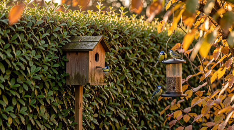 Jardin d’automne avec une haie dense, un nichoir en bois, une mangeoire suspendue et de petites mésanges dans la lumière douce du matin.