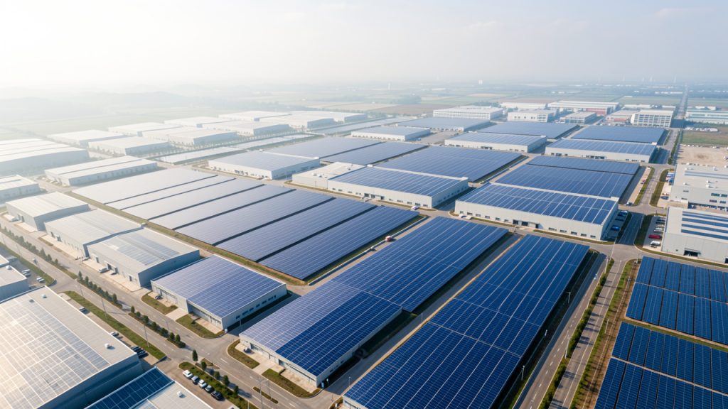 Vue aérienne réaliste d’une vaste usine de panneaux solaires en Chine, avec des bâtiments industriels modernes et de nombreux panneaux photovoltaïques bleus éclairés par la lumière du matin.