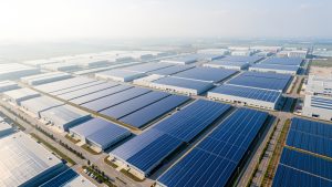 Vue aérienne réaliste d’une vaste usine de panneaux solaires en Chine, avec des bâtiments industriels modernes et de nombreux panneaux photovoltaïques bleus éclairés par la lumière du matin.