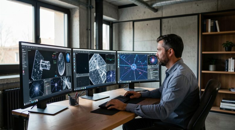Ingénieur dans un bureau moderne de Toulouse consultant des visualisations abstraites de données satellite sur plusieurs écrans.