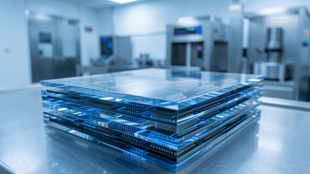 Plaques de silicium SOI brillantes disposées dans une salle blanche éclairée d’une lumière industrielle bleue, en vue macro réaliste.