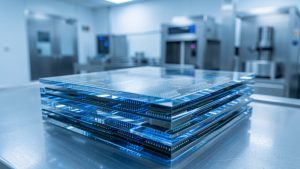Plaques de silicium SOI brillantes disposées dans une salle blanche éclairée d’une lumière industrielle bleue, en vue macro réaliste.