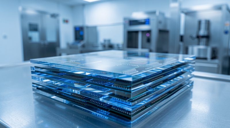 Plaques de silicium SOI brillantes disposées dans une salle blanche éclairée d’une lumière industrielle bleue, en vue macro réaliste.
