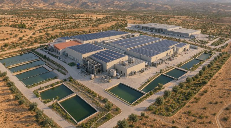 Vue aérienne réaliste d’une usine agroalimentaire entourée de bassins de traitement de l’eau, dans un paysage sec avec des collines méditerranéennes en arrière-plan.